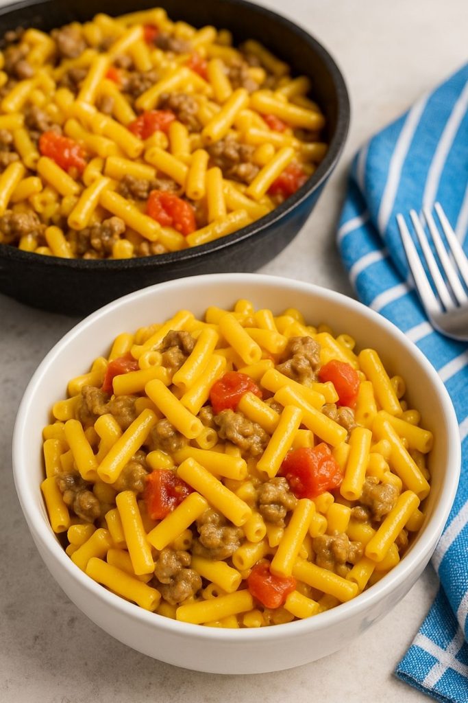 Creamy 20 Minute Cheeseburger Mac and Cheese made with ground beef, pasta, and cheddar cheese in a white serving bowl.