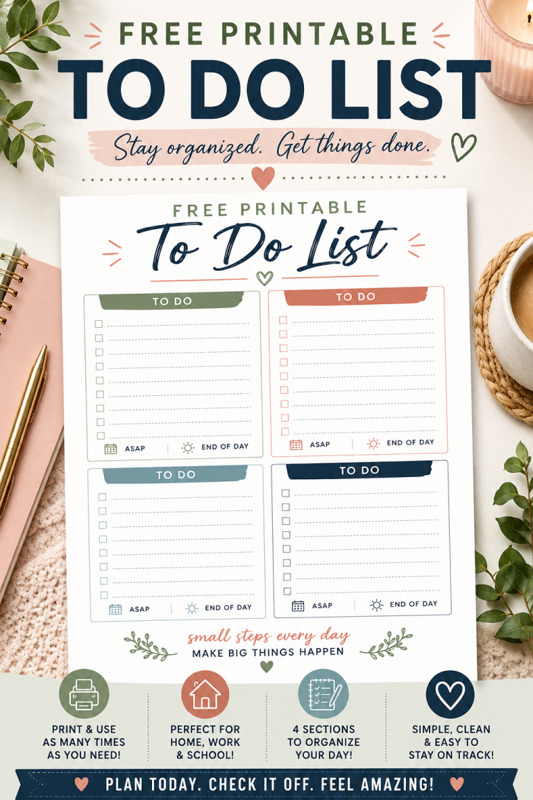 Free printable to do list with four organized sections for planning daily tasks at home, work, or school.