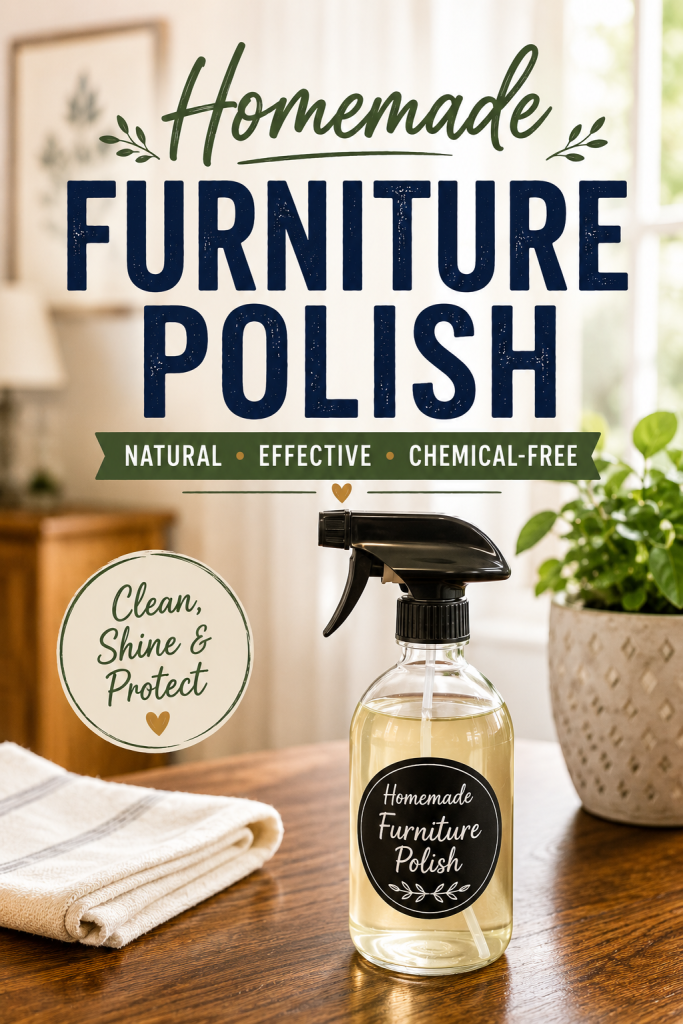 Homemade furniture polish in a spray bottle with a cleaning cloth for naturally cleaning, shining and protecting wood furniture.