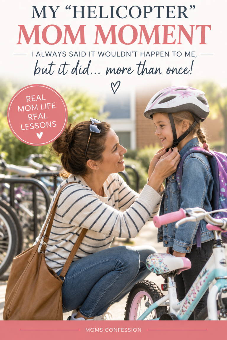 Mom helping her young daughter put on a bicycle helmet for a story about helicopter parenting and real-life parenting lessons.