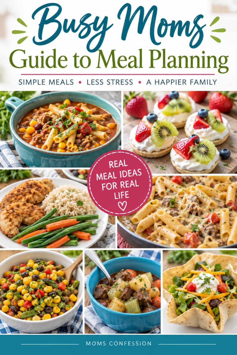 Collection of easy family meals featured in a busy mom’s guide to simple meal planning and less stressful dinners.