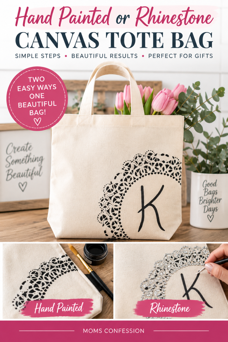 DIY canvas tote bag decorated with a monogram using hand-painted or rhinestone designs.