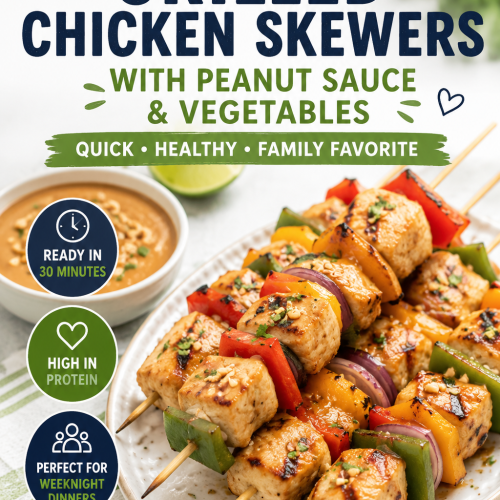 Grilled chicken skewers with peanut sauce, bell peppers and vegetables for an easy 30-minute weeknight dinner.