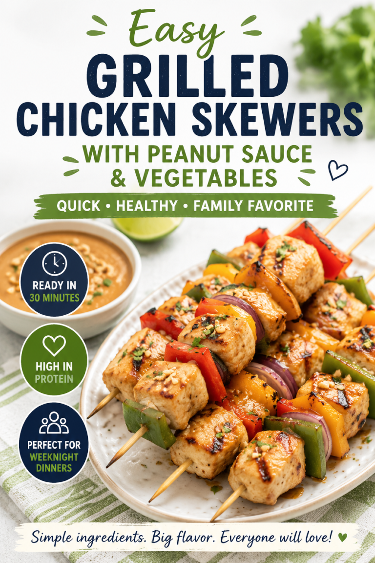 Grilled chicken skewers with peanut sauce, bell peppers and vegetables for an easy 30-minute weeknight dinner.