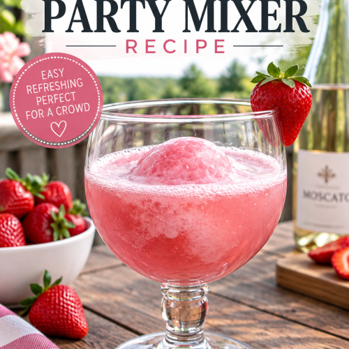 Pink Moscato party mixer served with strawberries for an easy and refreshing party drink.