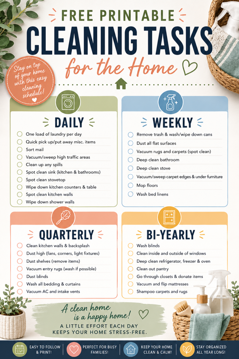 Free printable cleaning tasks for the home with daily, weekly, quarterly, and bi-yearly cleaning checklists.
