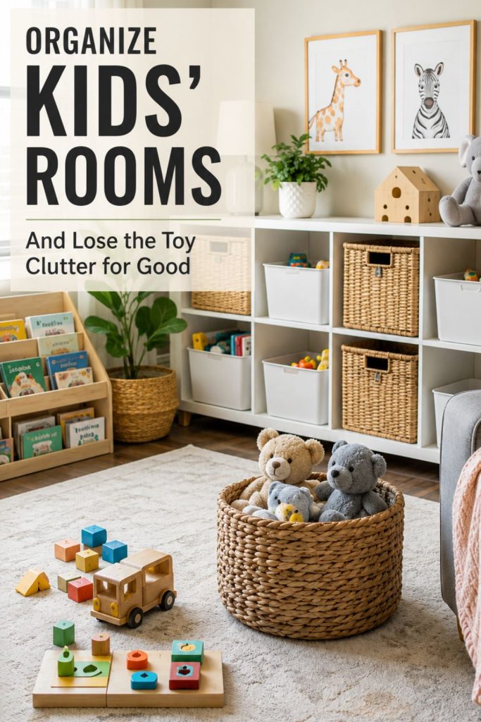 Organized kids' room featuring cube storage shelves, woven baskets, toy bins, books, and stuffed animals with practical toy organization ideas.