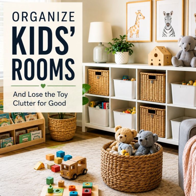 Neatly organized kids' playroom with storage cubes, baskets, toy bins, books, and stuffed animals for easy toy storage and clutter-free organization.