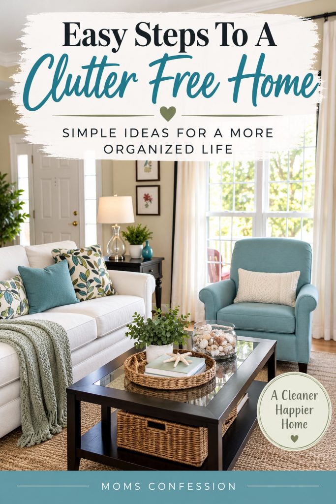 Clutter Free Home Easy steps to a clutter free home featuring a clean and organized living room with simple storage and decorating ideas.