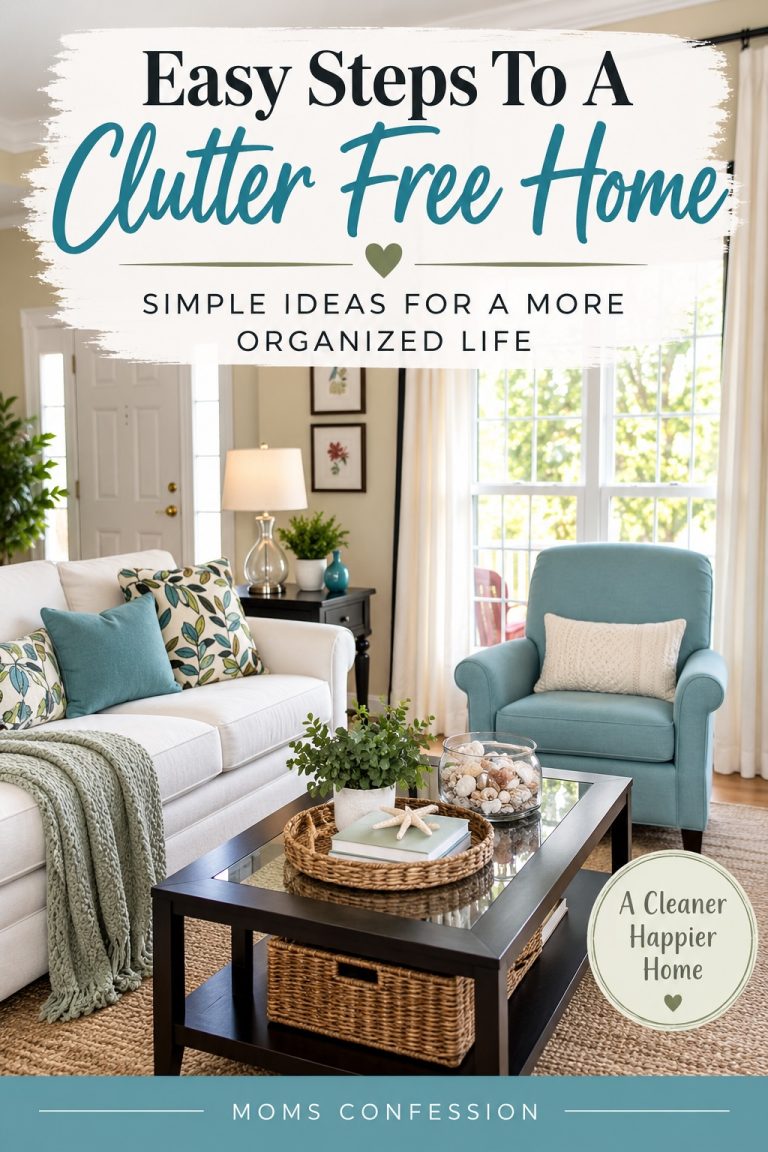 Easy steps to a clutter free home featuring a clean and organized living room with simple storage and decorating ideas.