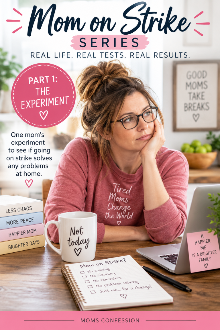 Tired mom sitting at a kitchen table with a notebook and coffee for the Mom on Strike experiment about changing family routines.