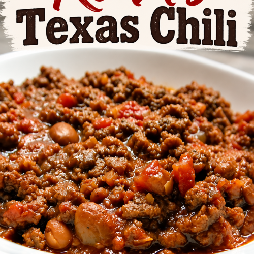 A white bowl filled with hearty Redd’s Texas chili made with ground beef, beans, tomatoes, and savory seasonings, featured beneath a bold rustic “Redd’s Texas Chili” recipe title.