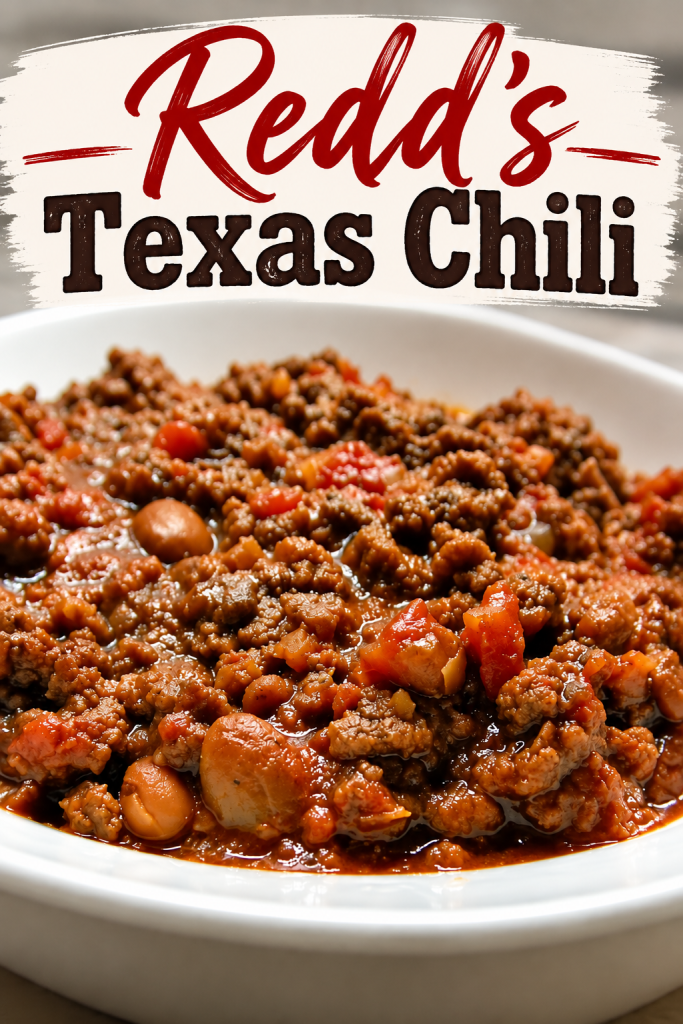 A white bowl filled with hearty Redd’s Texas chili made with ground beef, beans, tomatoes, and savory seasonings, featured beneath a bold rustic “Redd’s Texas Chili” recipe title.