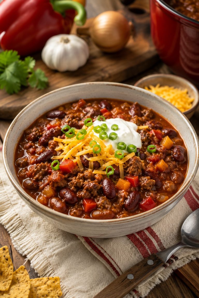 Easy 30 minute sausage chili made with sausage, kidney beans, tomatoes and peppers topped with shredded cheese, sour cream and green onions.