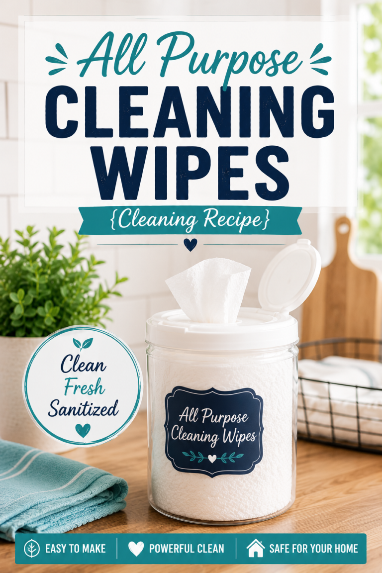 Homemade all purpose cleaning wipes in a reusable container for quick and easy everyday household cleaning.