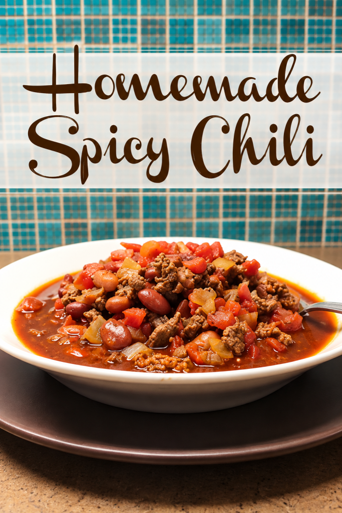 spicy chili A hearty bowl of homemade spicy chili filled with ground beef, beans, tomatoes, onions, and peppers, photographed with a “Homemade Spicy Chili” text overlay.