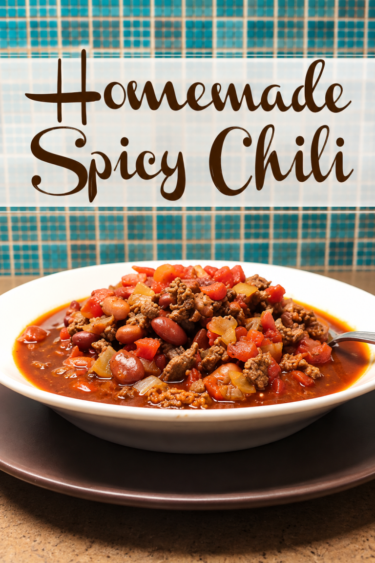 A hearty bowl of homemade spicy chili filled with ground beef, beans, tomatoes, onions, and peppers, photographed with a “Homemade Spicy Chili” text overlay.