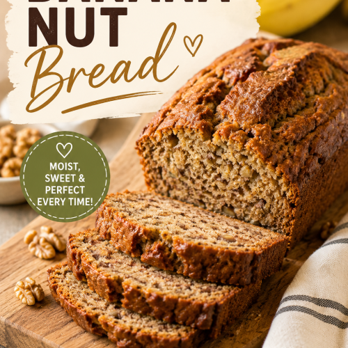 Moist homemade banana nut bread made with ripe bananas and walnuts, sliced and ready to serve.