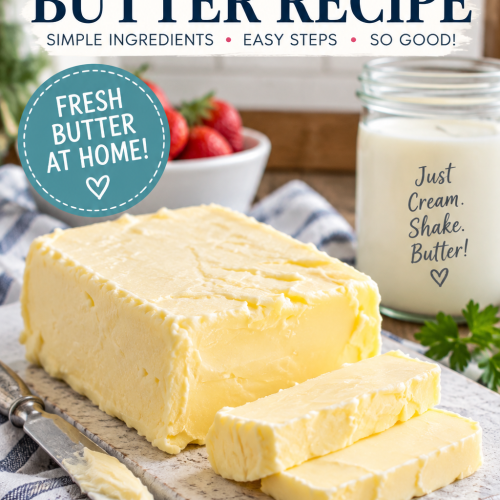 Fresh homemade butter made from heavy cream with sliced butter on a cutting board and a jar of cream nearby.