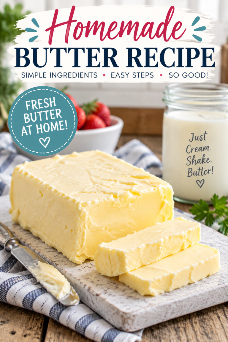 Fresh homemade butter made from heavy cream with sliced butter on a cutting board and a jar of cream nearby.
