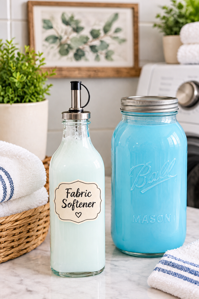 Laundry piles up, but with this homemade fabric softener made with only 3 ingredients, you can tackle Mount St. Laundry in a greener way. DIY fabric softener stored in glass bottles beside clean folded towels in a laundry room
