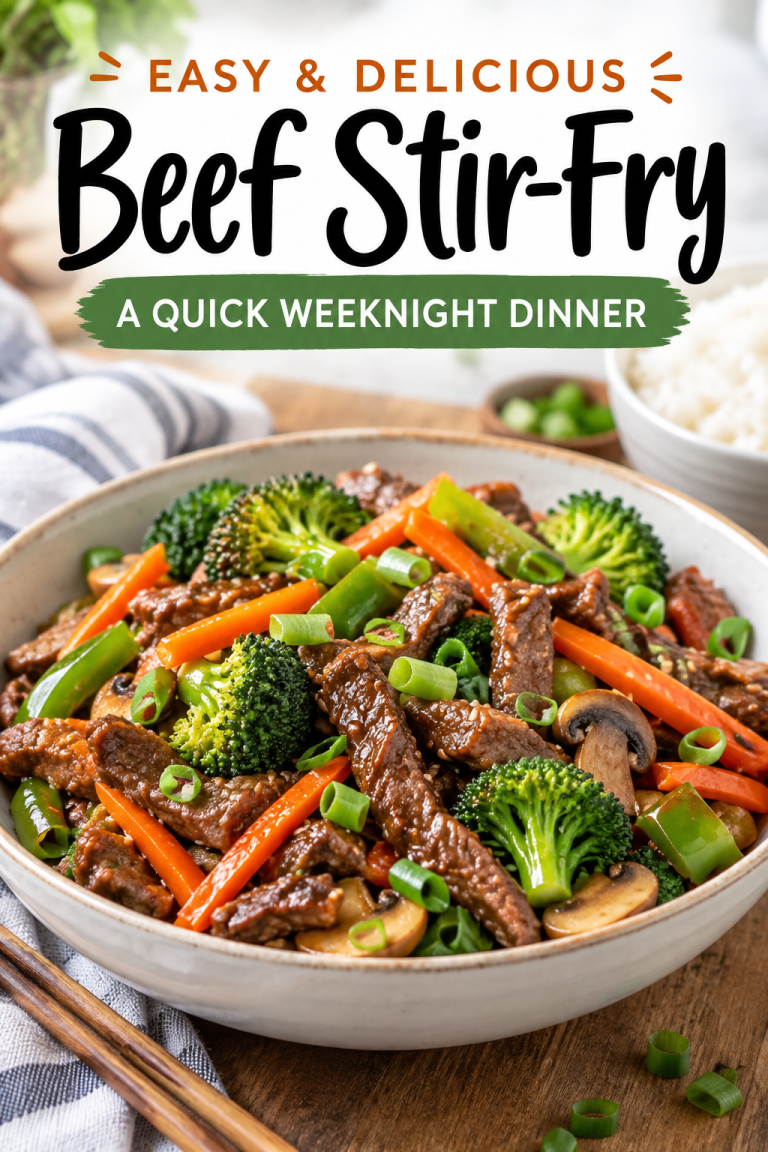 Easy beef stir fry with broccoli, carrots, peppers, mushrooms and green onions