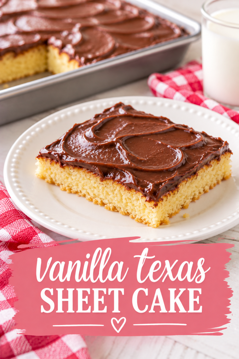 Slice of vanilla Texas sheet cake topped with rich chocolate frosting