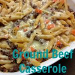 ground beef casserole in a dish with pasta and beef