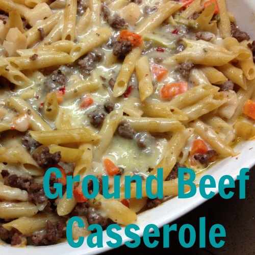 ground beef casserole in a dish with pasta and beef