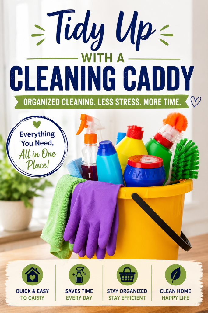 Cleaning caddy filled with household cleaning supplies, cloths, gloves and brushes for keeping cleaning products organized and easy to carry.