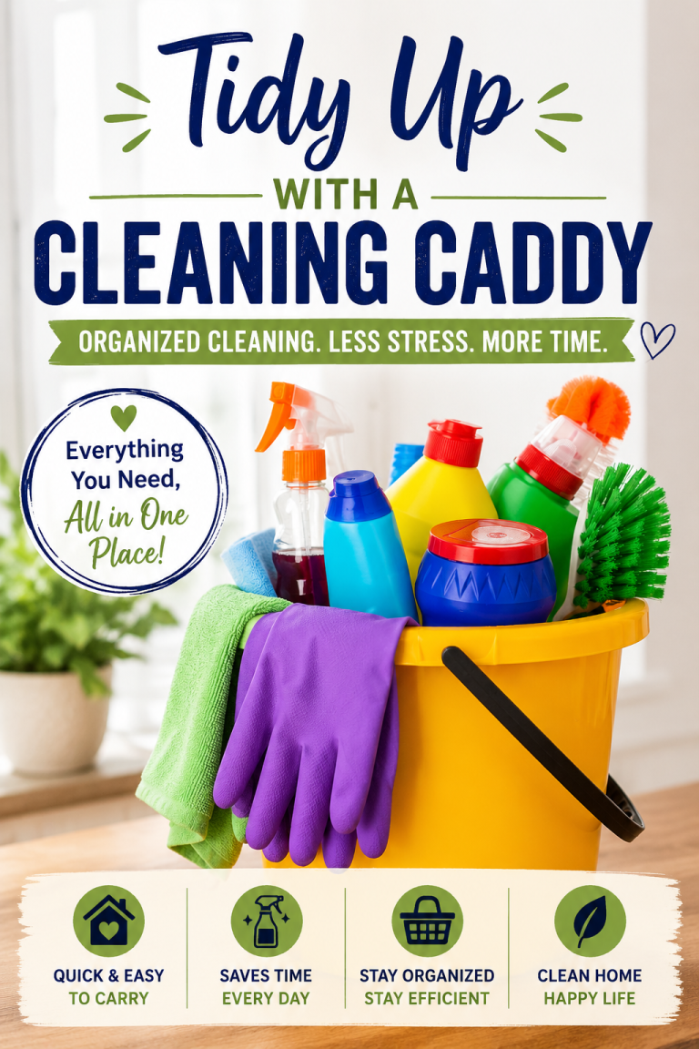 Cleaning caddy filled with household cleaning supplies, cloths, gloves and brushes for keeping cleaning products organized and easy to carry.
