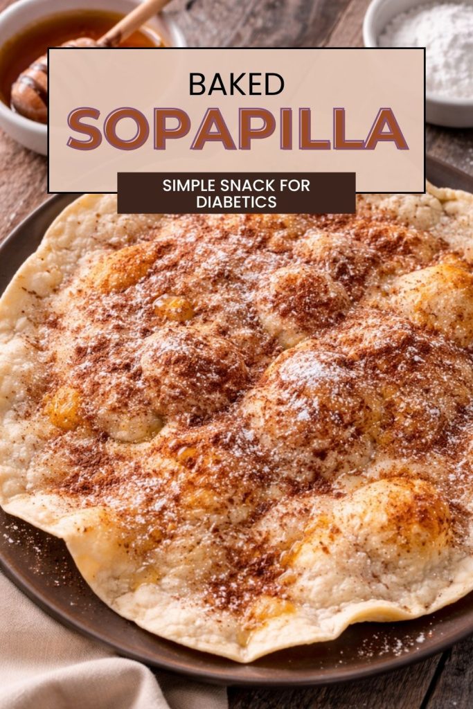 baked sopapillas Baked sopapilla topped with cinnamon and a light dusting of powdered sweetener, served on a plate with honey nearby.