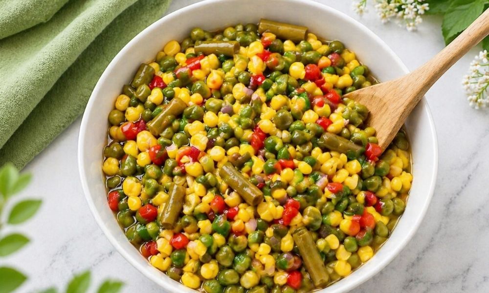 Fresh vegetable salad with mixed peas, corn, green beans, and peppers served in a white bowl on a light surface with a wooden spoon