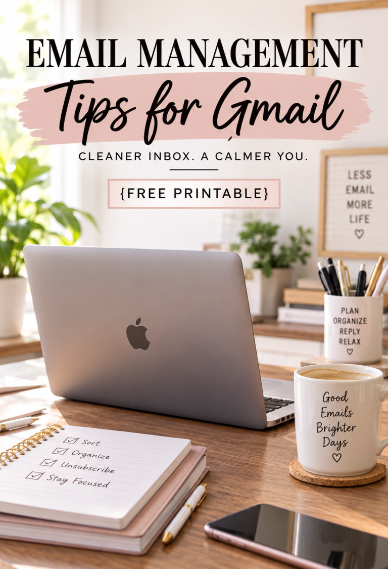 Email management tips for Gmail with laptop, planner and coffee on an organized desk