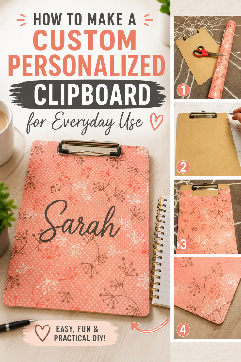 DIY custom personalized clipboard covered with decorative paper and a name for an easy and practical craft project.