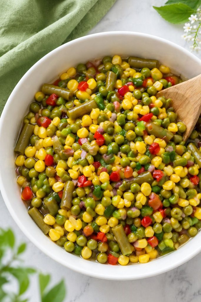 Overhead view of a colorful spring vegetable salad with peas, corn, green beans, and diced bell peppers in a white bowl with a wooden spoon