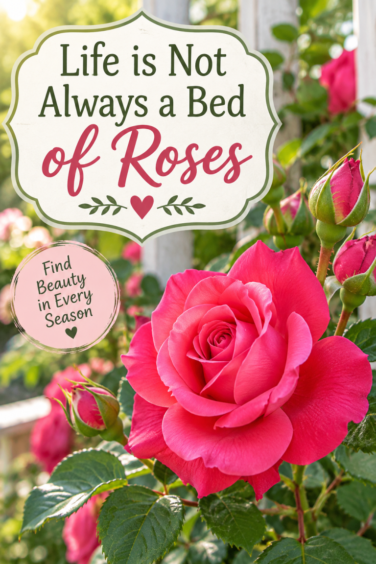 Pink rose in a garden with Life Is Not Always a Bed of Roses inspirational quote