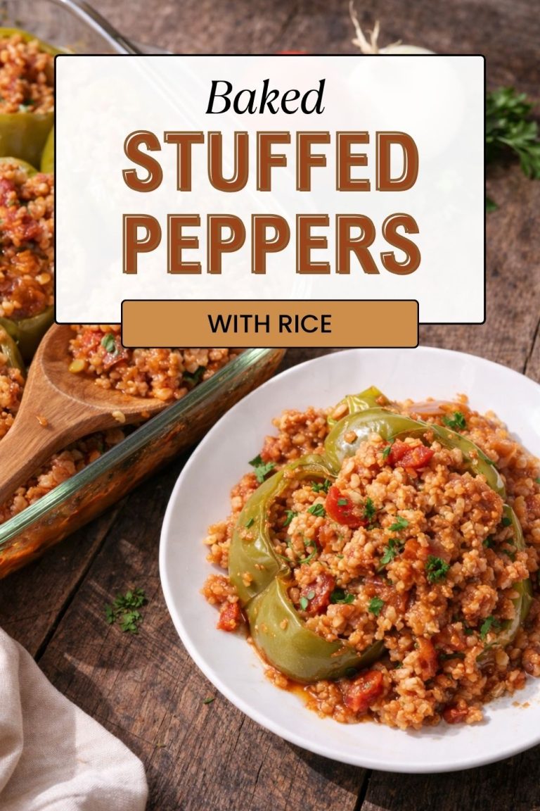 Baked green bell peppers filled with a savory rice and tomato mixture and topped with fresh herbs on a white plate.
