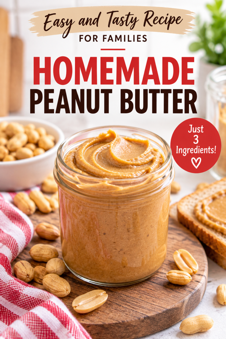 Creamy homemade peanut butter in a glass jar with peanuts and toast