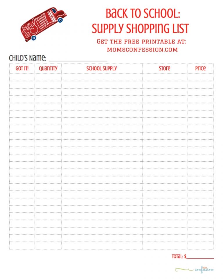 Back to School Printable Shopping List