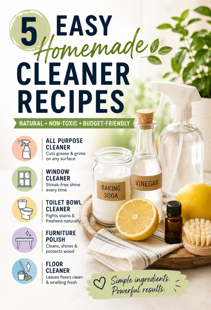 Homemade cleaner recipes are not only environmentally friendly but making them yourself can save you a lot of money! That's something we can agree on, right? Five easy homemade cleaner recipes using simple ingredients like vinegar, baking soda and lemon for natural household cleaning.