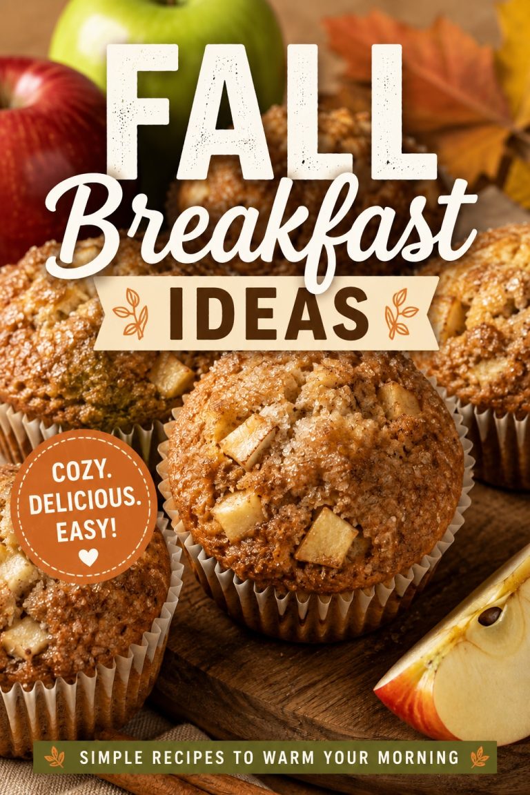 Warm apple muffins surrounded by fresh apples and autumn leaves for cozy and easy fall breakfast inspiration.