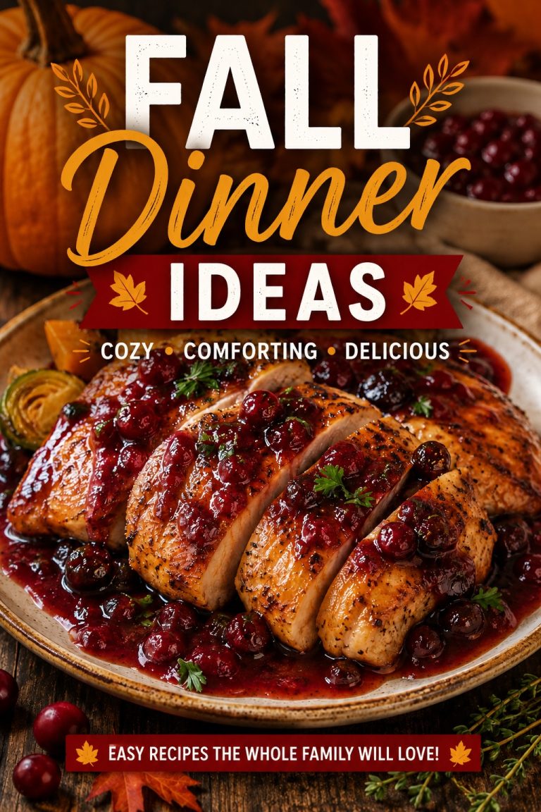 Sliced chicken with cranberry sauce surrounded by pumpkins and fall decor for cozy fall dinner ideas the whole family will enjoy.