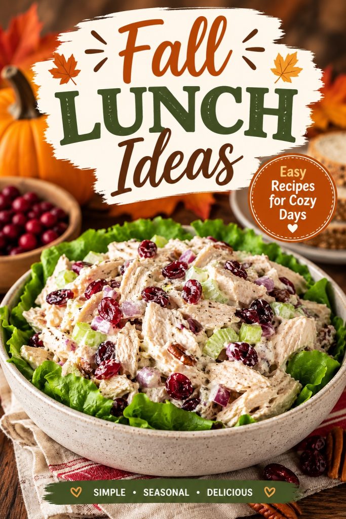 Fall-Lunch-Ideas Creamy chicken salad with cranberries, celery and pecans served over lettuce for an easy seasonal fall lunch.
