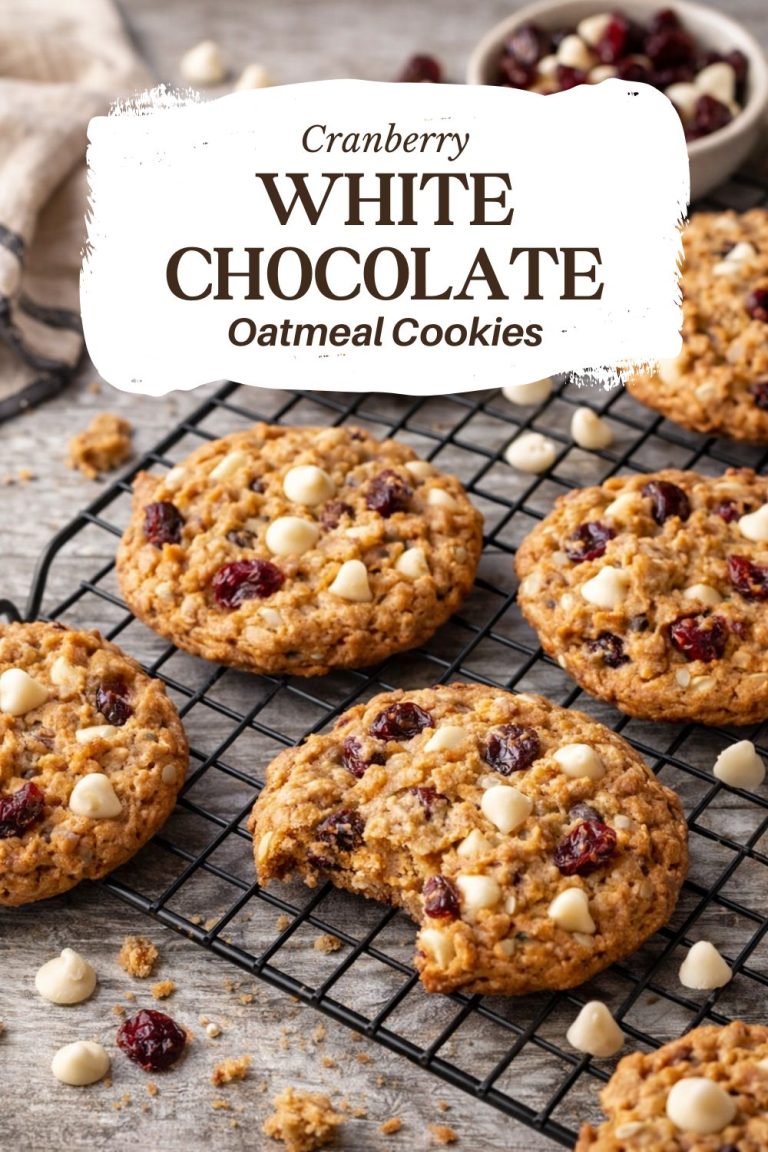 Chewy oatmeal cookies filled with dried cranberries and white chocolate chips cooling on a wire rack.