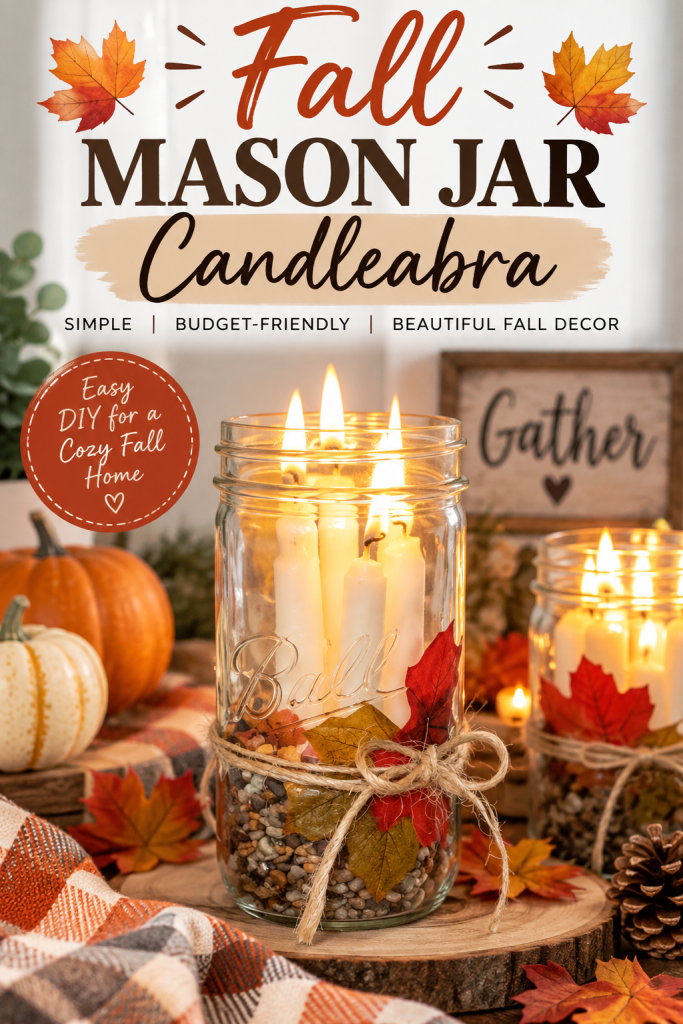 Fall Mason Jar Candle Idea Fall mason jar candelabra with candles, autumn leaves, twine and seasonal decor