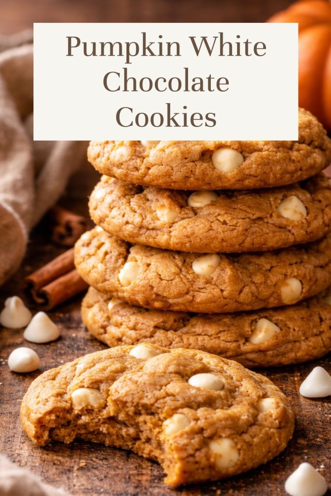 Pumpkin White Chocolate Cookie Recipe Stack of soft pumpkin white chocolate cookies filled with white chocolate chips and surrounded by cinnamon sticks and fall decor.