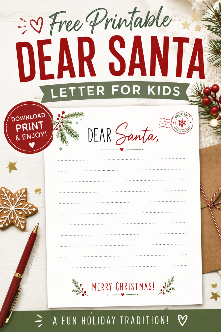Pinterest graphic featuring a free printable Dear Santa letter for kids with Christmas greenery, writing lines, and North Pole details.