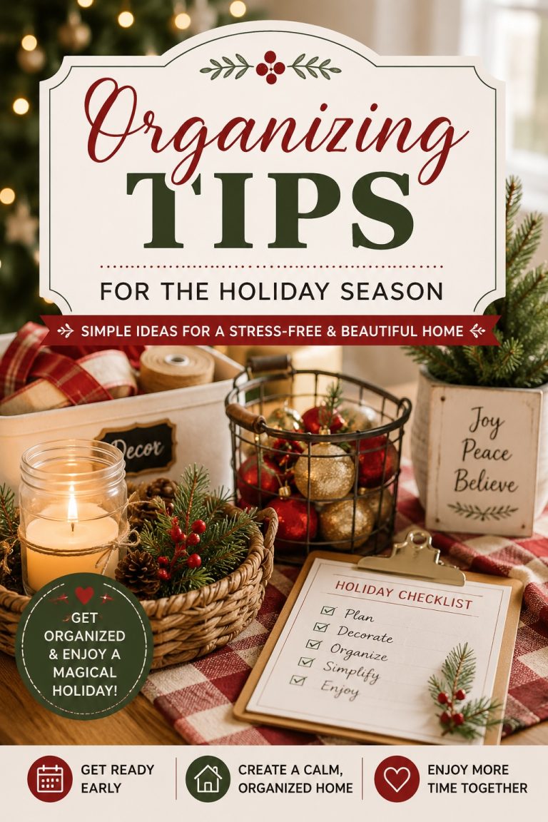 Holiday organization setup with Christmas decorations, storage baskets and a checklist featuring simple organizing tips for the holiday season.