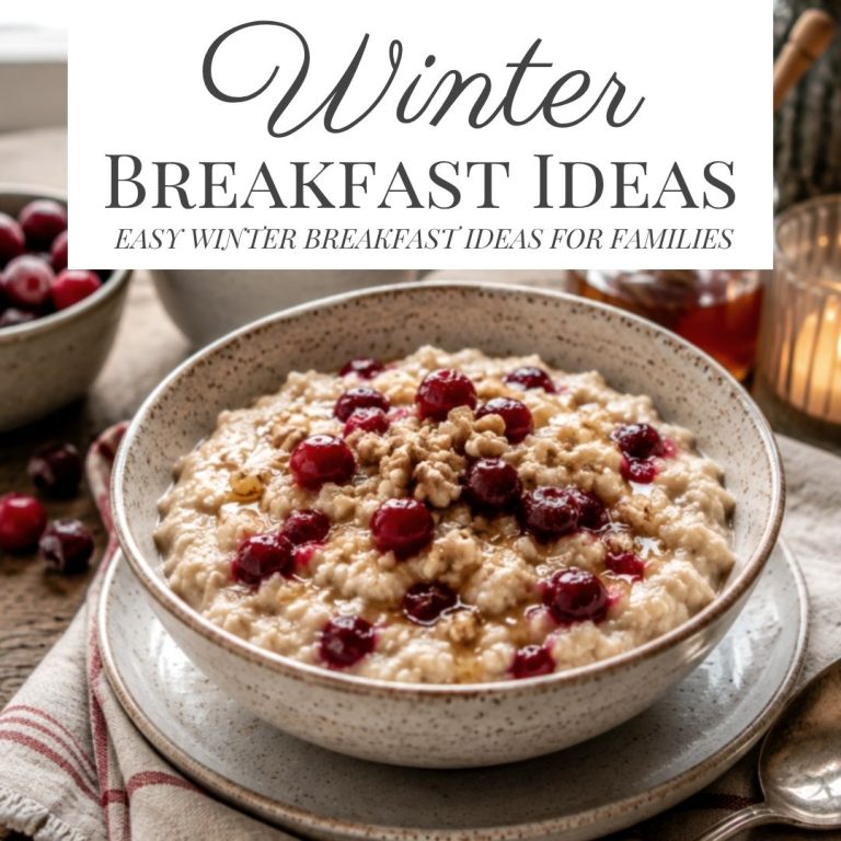 Winter breakfast ideas featuring a warm bowl of oatmeal topped with cranberries, walnuts and maple syrup.